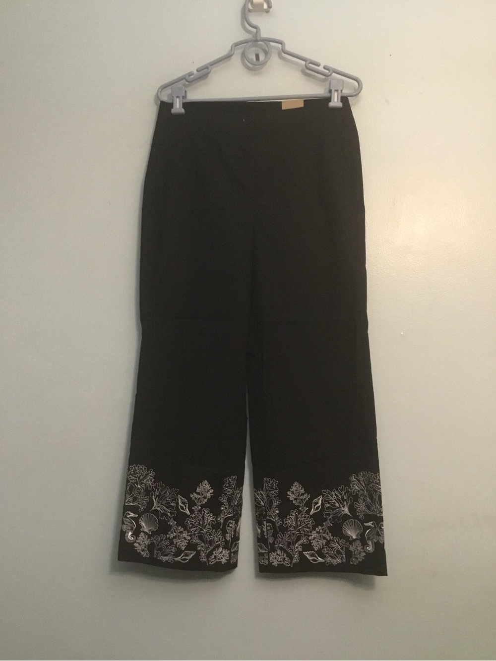 Boho Embroidered Hem Black Wide Leg Pants Women's Trousers Size M  NWOT